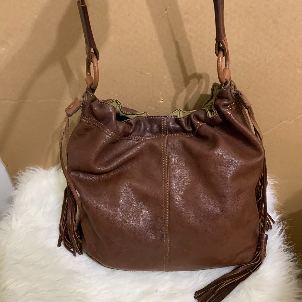 LUCKY BRAND Vintage Large Slouchy Drawstring Tasseled Brown Leather Shoulder Bag